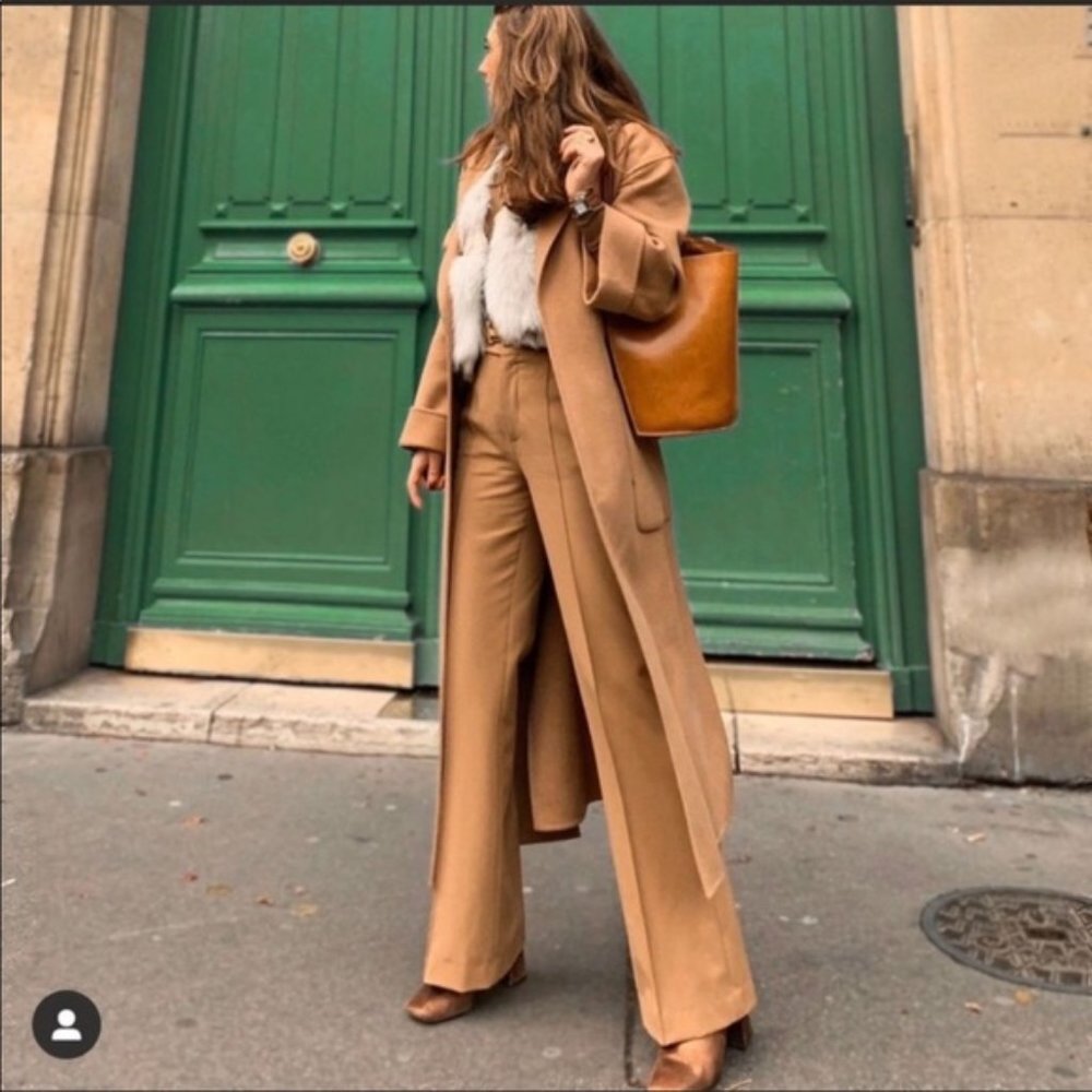 ZARA FLARED MID-RISE CAMEL WIDE LEG PANTS - Picture 3 of 13
